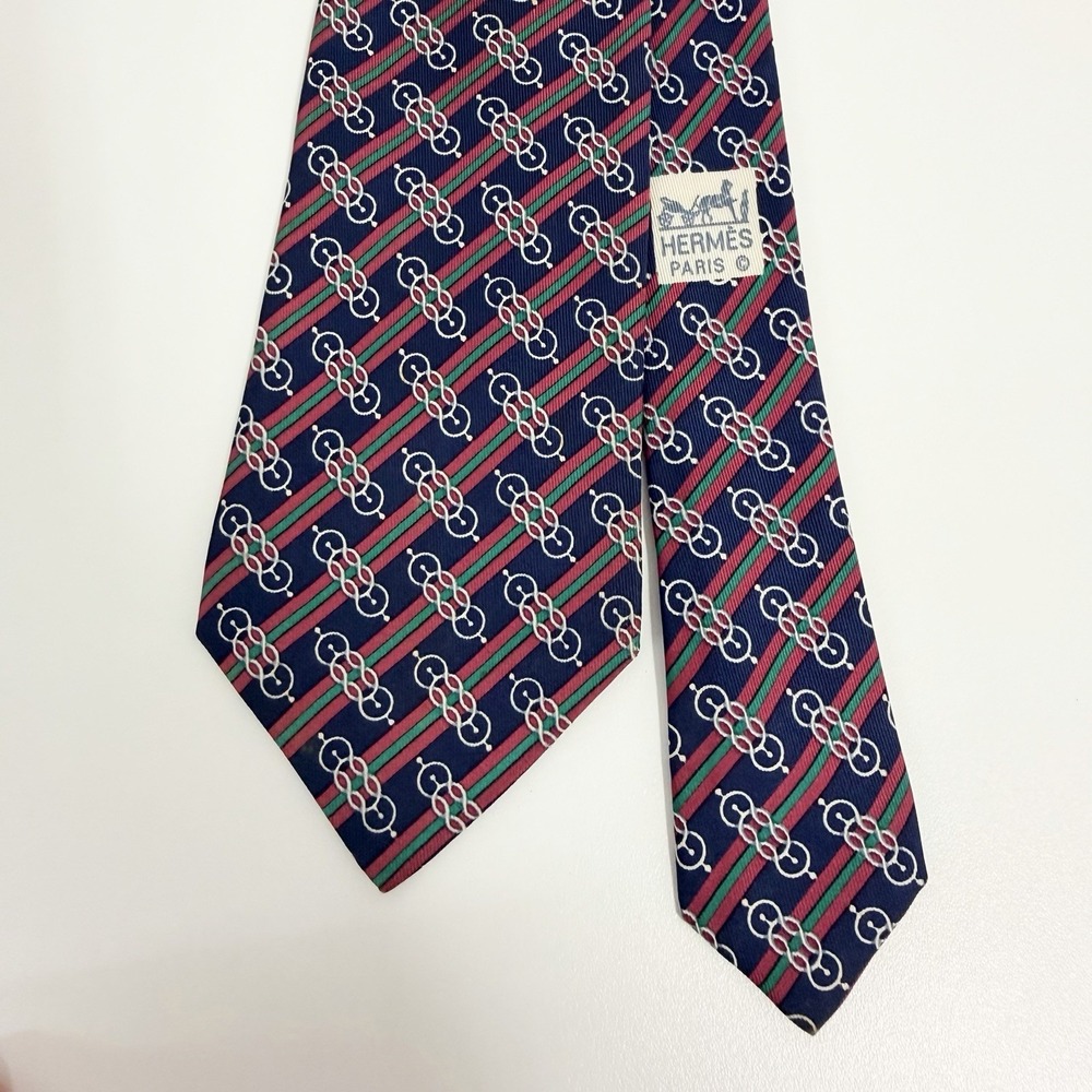 Hermes Men's Tie Chain Link Nautical Striped Navy/Red/Green 984 SA Silk 3" x 55" - Picture 2 of 9